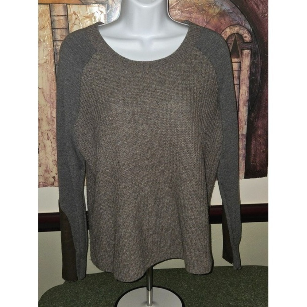 Sz S Small Eileen Fisher Yak‎ Merino Wool Leather Trim Sleeve Pullover Sweater
